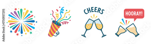 Colorful celebration icons featuring a burst of fireworks, a party popper with confetti, and clinking glasses with the words "cheers" and "hooray".