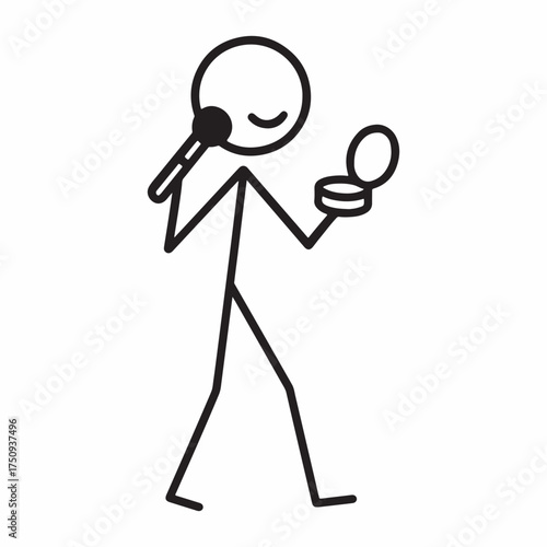 Clean black and white stick figure applying makeup with brush beauty routine