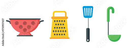 Colorful kitchen utensils including a red colander, yellow grater, blue spatula, and green ladle displayed side by side.