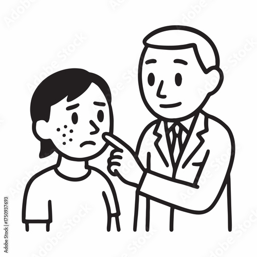 Simple line art of dermatologist examining patient acne
