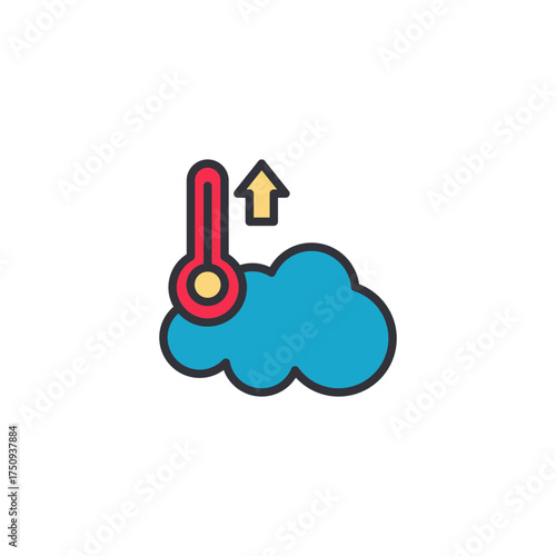 A cloud with sun and arrow representing temperature increase, weather transition, and warm atmospheric conditions.