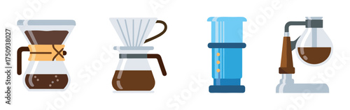 Four different coffee brewing devices, including a chemex, a dripper, an aeropress, and a siphon, displayed in simple illustrations.