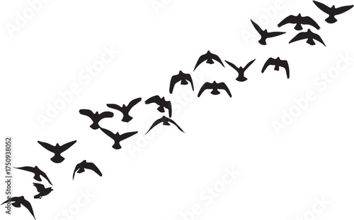 Vector art of a flock of birds flying in a diagonal formation across a, creating a sense of movement and freedom, the birds are silhouetted against the bright backdrop