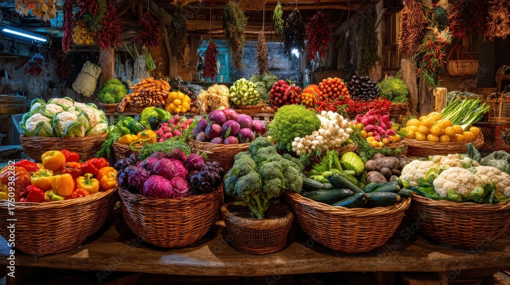 Fototapeta premium Variety of fresh vegetables beautifully displayed in wicker baskets at a farmer's market