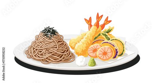 A delicious plate of soba noodles served with a side of crispy tempura vegetables and shrimp.
