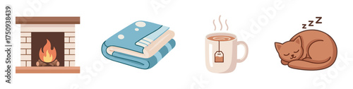 Cozy fireplace, folded blankets, a steaming cup of tea, and a sleeping cat symbolize warmth and relaxation.