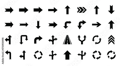 Diverse Set of Vector Arrows: Directional, Circular, Branching for Wayfinding, Navigation and Design with Various Styles and Orientation, Isolated on White Background