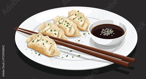 Delicious pan fried dumplings served with a savory dipping sauce and fresh chives.