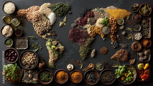 World map created from grains, beans, spices, and vegetables, symbolizing global cuisine
