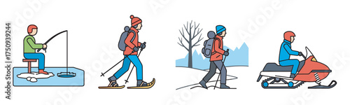 Four outdoor winter activity icons featuring ice fishing, nordic skiing, winter hiking, and snowmobiling, each with participants in colorful winter gear.
