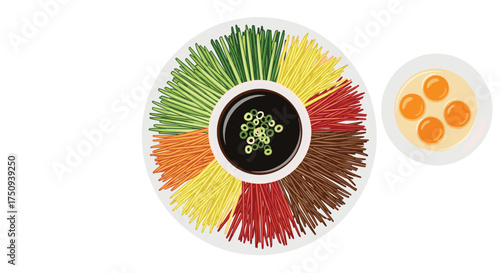 A visually appealing arrangement of thinly sliced colorful vegetables surrounding a central dipping sauce with a side dish of egg yolks.