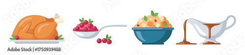 Illustration of a roasted turkey with cranberries, a bowl of mashed potatoes, and gravy boat, symbolizing a traditional holiday feast.