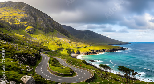 Winding coastal road on a steep, green mountain overlooking the ocean