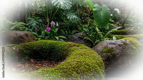 Lush Green Moss Covered Rocks Form a Garden Pathway with Tropical Plants and Flowers in Soft Natural Light
