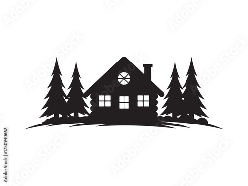 Cabin House with Pine Trees Silhouette Vector Graphic