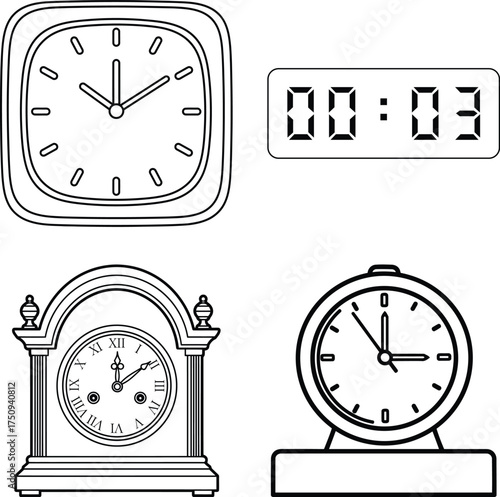 Four different styles of clocks for coloring pages line art illustration for children's simple coloring book