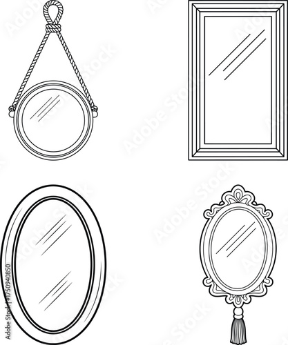 Four distinct mirror designs for coloring and design projects line art illustration for children's simple coloring book