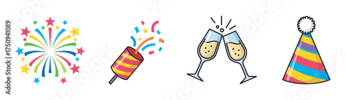 Colorful celebration icons depicting a bursting firework, vibrant confetti popper, clinking champagne glasses, and a striped party hat with a pom-pom.