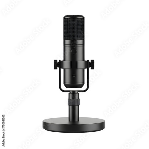 Modern Black Microphone with Table Stand Isolated on White or Transparent Background