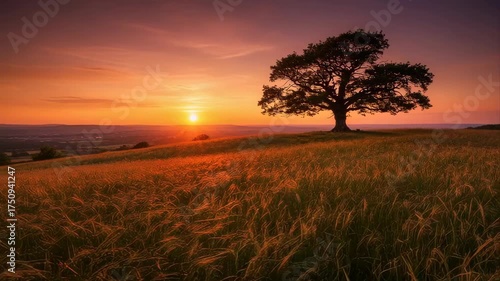 Majestic Oak Tree Silhouetted Against A Fiery Sunset Over A Golden Field With Distant Cityscape