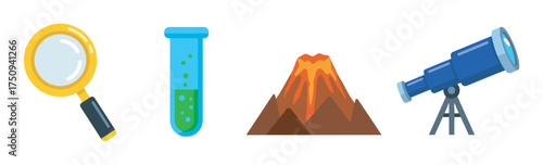 Colorful icons of a magnifying glass, test tube, erupting volcano, and telescope representing scientific exploration.