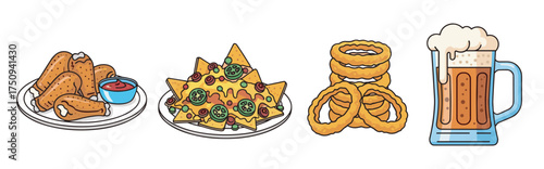 Colorful illustration of a plate of chicken wings with dipping sauce, nachos topped with cheese and jalapeños, stacked onion rings, and a mug of frothy beer.