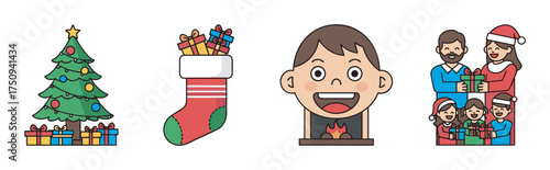 Colorful cartoon icons depicting a decorated christmas tree, a stocking with gifts, a child in front of a fireplace, and a family exchanging presents.