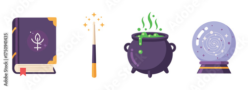 Magical symbols featuring a spell book, a wand with sparks, a bubbling cauldron, and a crystal ball with a swirling design.