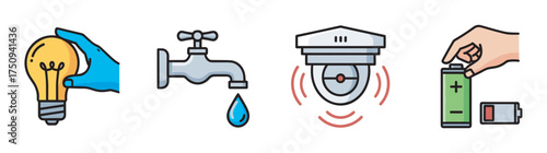 Four colored icons depicting a hand holding a light bulb, a faucet with a water drop, a security camera, and a hand holding a battery.