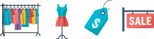 A clothing rack with brightly colored shirts, a blue and pink dress on a mannequin, a blue price tag with a dollar sign, and a red sale sign.