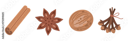 Various spices illustrated in a minimalistic style, including cinnamon, star anise, nutmeg, and vanilla pods.