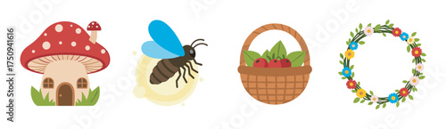 Colorful cartoon illustration of a mushroom house, a bee with blue wings, a basket of red apples, and a floral wreath.