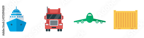 Colorful symbolic depictions of a blue ship, red truck, green airplane, and yellow shipping container for transport and logistics concepts.