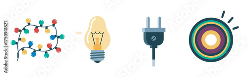Colorful string lights, a classic incandescent lightbulb, a black electrical plug, and a multicolored circular target icon on a white background.