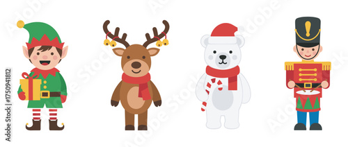 Cartoon illustration featuring a cheerful elf holding a gift, a reindeer with jingle bells, a polar bear wearing a santa hat, and a festive toy soldier.