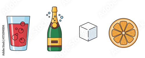 Colorful illustration of a glass of red soda, a green champagne bottle with bubbles, a sugar cube, and an orange slice.