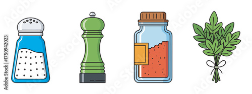 Illustrated set of salt shaker, pepper grinder, jar of red seasoning, and bunch of fresh herbs with colorful outlines.
