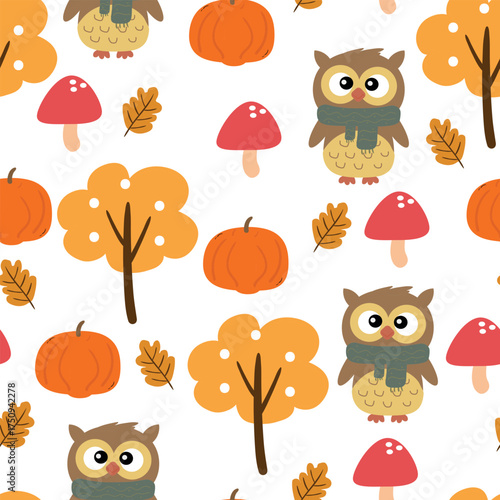 Wallpaper Mural seamless pattern cartoon cute owl wearing a gray scarf with white background with autumn vibes. cute autumn fall wallpaper for fabric print, gift wrapper Torontodigital.ca