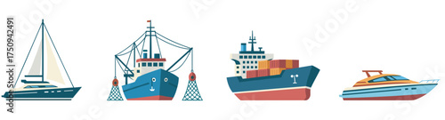 Colorful vector drawings of four different types of boats, including a sailboat, fishing boat, cargo ship, and motorboat, arranged in a horizontal line.