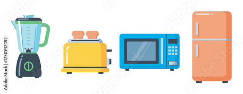 Colorful cartoon illustrations of kitchen appliances including a blender, toaster, microwave, and refrigerator lined up in a row.