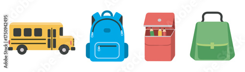 Colorful illustrations of a school bus, blue backpack, red pencil case, and green handbag, representing school and travel essentials.