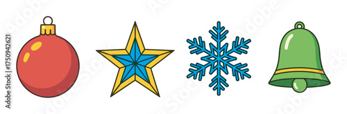 Colorful set of four christmas decorations including a red bauble, a yellow and blue star, a blue snowflake, and a green bell.