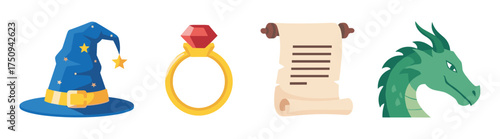 A blue wizard hat with stars, a gold ring with a red gem, a scroll with text, and a green dragon head highlight fantasy and magic elements.