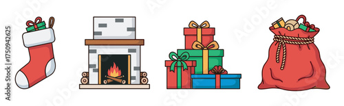 Festive collection of christmas-themed icons, including a stocking, fireplace, stack of gifts, and santa's sack filled with presents.