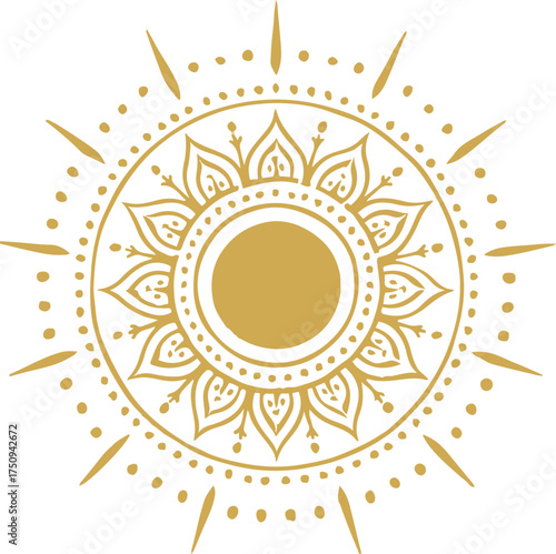 Golden sun mandala with intricate floral patterns and radiating rays
