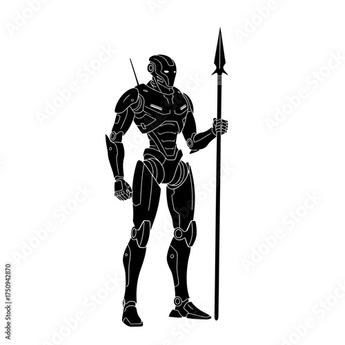 Futuristic robot warrior holding a spear silhouette isolated on white background