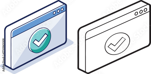 Two isometric computer windows with checkmarks isolated on white background silhouette