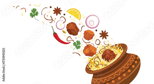Delicious pot of rice and meat with spices emanating from it.