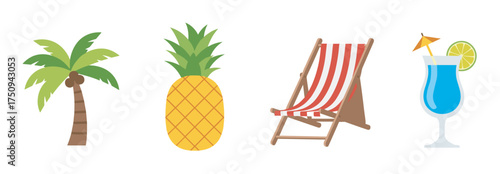 Simplified vector icons of a palm tree, pineapple, striped beach chair, and blue cocktail with a straw and lime garnish.