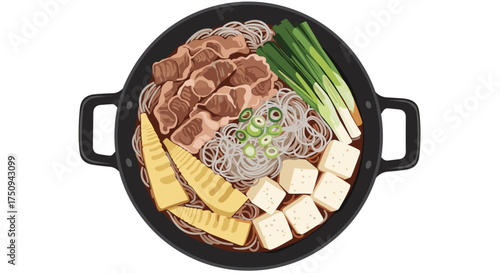 A delicious and hearty hot pot filled with thinly sliced beef, tofu, bamboo shoots, and noodles.